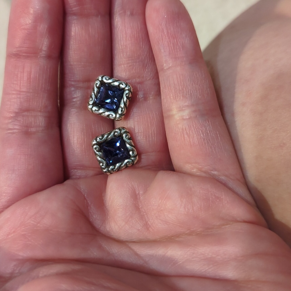 Silver and Indigo Square Stud Earrings